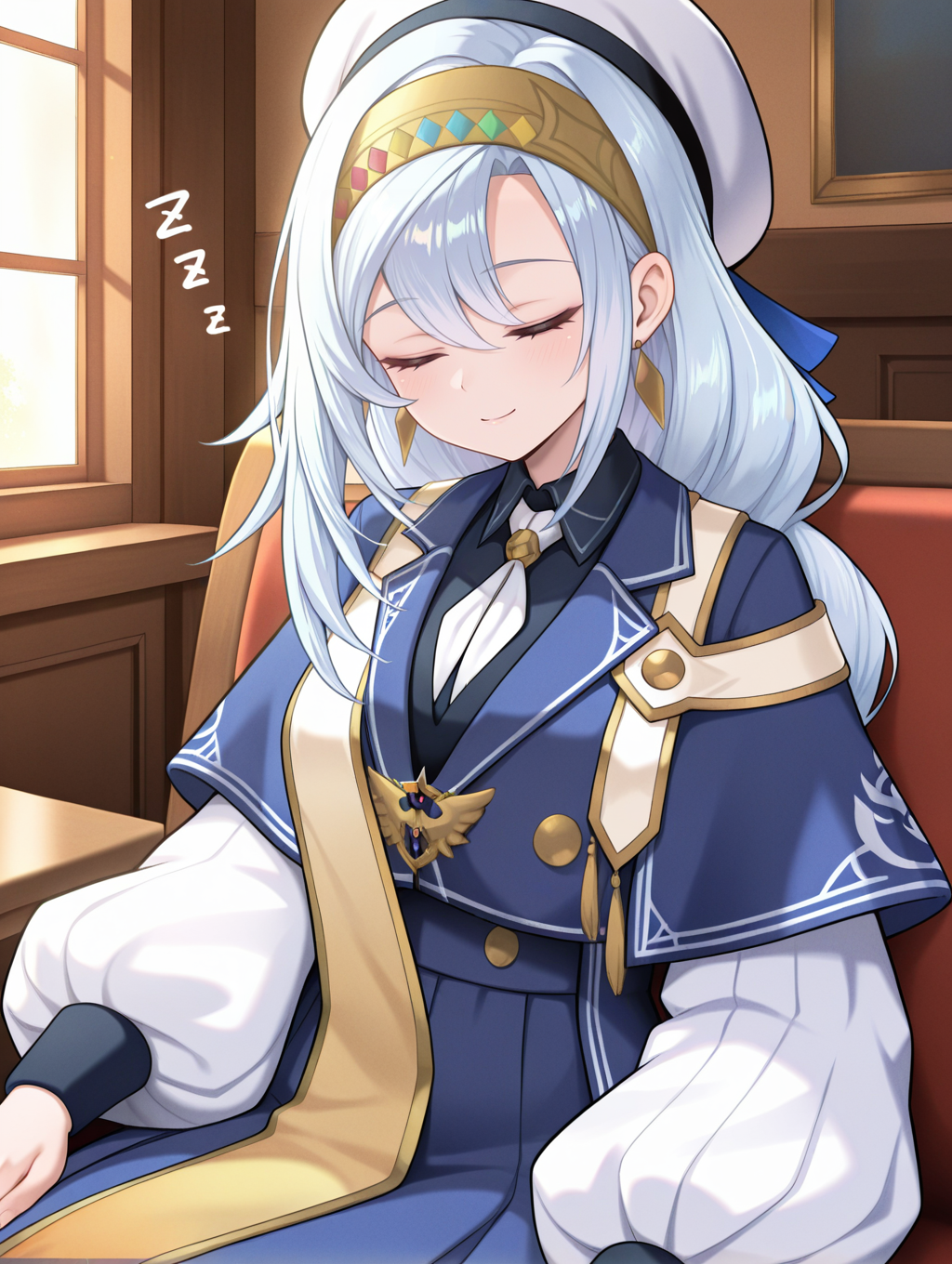 artmegia finemelt,1girl,solo,smile,closed mouth,puffy long sleeves,white beret,gold hairband,blue capelet,white necktie,black collared shirt,blue dress,gold sash,indoors,closed eyes,sleeping, sitting, zzz
masterpiece,best quality,amazing quality,very aesthetic,absurdres,newest,<lora:Artmegia finemelt illusXL v1.3:0.75>,