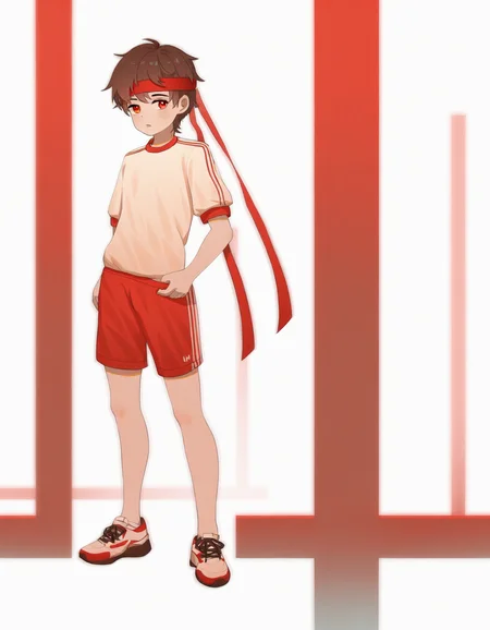 best quality, good quality, white background, film grain, luye-style, luye-flat, muted color, full body, 1boy, brown hair, red eyes, gym uniform, red shorts, red headband, standing, sneakers <lora:luye-yuan_naXL_v3c-ShoAI:1>