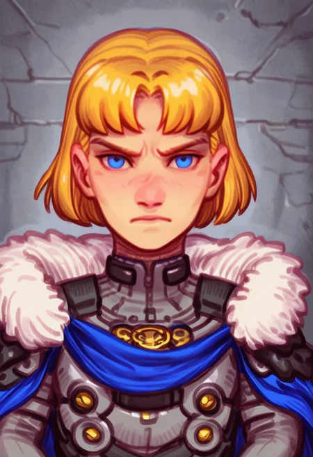 AndroidArtsStyle,
1boy, solo, bangs, serious, pauldrons, upper body, blonde hair, short hair, blue eyes, parted bangs, closed mouth, shoulder armor, blue cape, grey armor, black belt, armor, male focus, cape, fur trim, fur collar, looking at viewer, shiny, gold trim, belt, belt buckle
