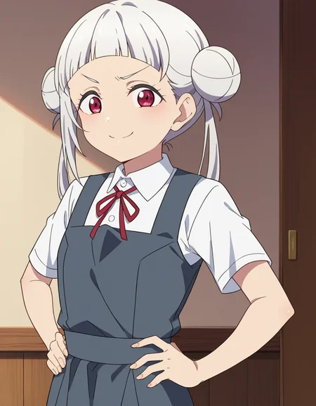 score_9, score_8_up, score_7_up, source_anime, <lora:chisato-arashi-s2-ponyxl-lora-nochekaiser:1>, chisato arashi, long hair, bangs, red eyes, twintails, white hair, blunt bangs, hair bun, double bun,, shirt, dress, ribbon, school uniform, white shirt, short sleeves, collared shirt, red ribbon, neck ribbon, pinafore dress, grey dress, summer uniform, yuigaoka school uniform,, indoors, smug, smile, looking at viewer, solo, hands on hips,, cowboy shot, dutch angle