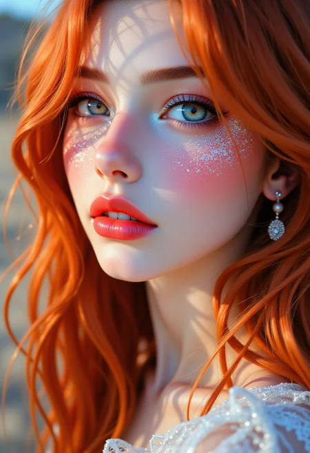 Photorealistic digital painting of an ethereal woman with long flowing red hair, a porcelain-like, extremely pale complexion and natural warm blush on her cheeks. She has blush-toned eyeshadow and delicate, ethereal facial features. Her face is adorned with a scattering of glitter. The artwork is highly detailed, with a soft, realistic lighting style that enhances the warm undertones in her skin.