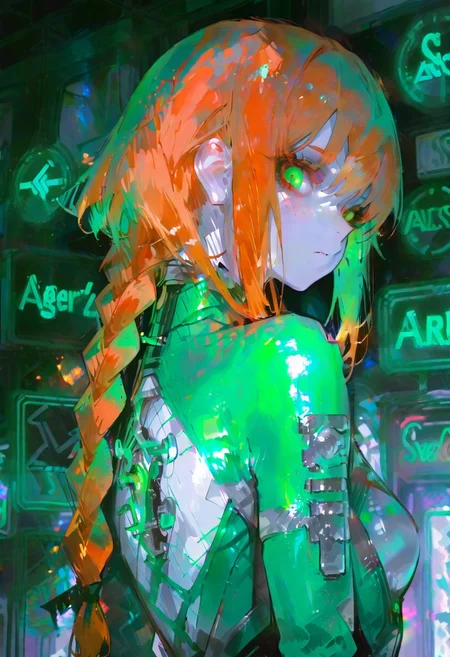 masterpiece, best quality, good quality, very aesthetic, absurdres, newest, english text, text focus, text, neon sign, glow, DO ANDROIDS DREAM OF BUZZ? (text), a dramatic extreme close-up of a woman's eyes, intense, looking back over her shoulder, emotional atmosphere, beautiful surprised woman, looking at viewer, (alert), (((pale skin))), orange hair, freckles, long braided hair, big green eyes, glowing green eyes, blacklight, (((skin-tight jumpsuit))), ((cybernetics)), ((fishnet clothing)), limited palette, colorful bokeh, blurred background, 748cmstyle, usnr