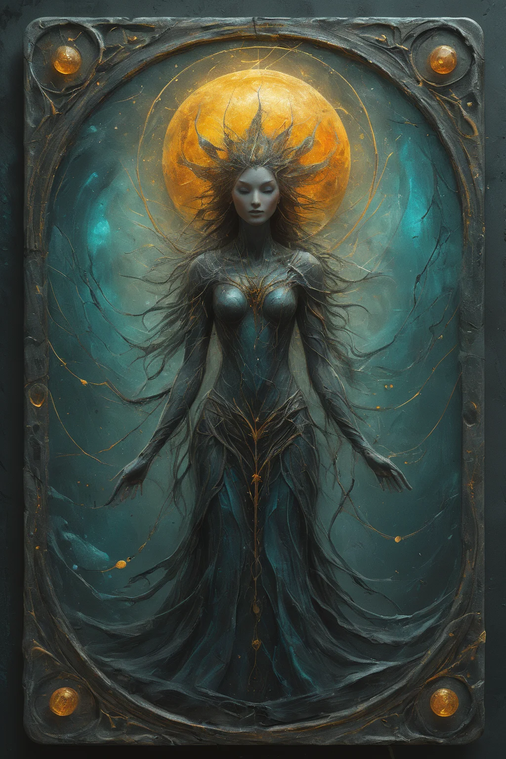 <lora:artfullyENGRAVED_SDXL_V1:0.25>,masterpiece,intricately detailed,high resolution,best quality,absurd resolution,mastercrafted,Mock ui,occult themed,oracle customized deck creator,3 PERSONAS,colorful storytelling,dark cyan and amber,detailed atmospheric portraits,detailed character design,dreamlike illustration,flowing textures,in the style of realistic and hyper-detailed renderings,mysterious beauty,in the style of realistic fantasy artwork,in the style of dreamlike illustration,in the style of hyper-detailed illustrations,three tarot cards are standing amongst a dark landscape,granite,ivory,obsidian,stained glass,transluscent,masterpiece,brilliant color story,illusionism,futuristic geometric abstractionism,in the style of hyperrealism,organic,male oracle,<lora:artfullymaleform_sdxl_v1:0.45>,<lora:ARTFULLYORACLESDXL-V1:0.5>,<lora:artfullydrow__sdxl_v1:0.2>,<lora:artfullyDRUID_sdxl_v1:0.6>,