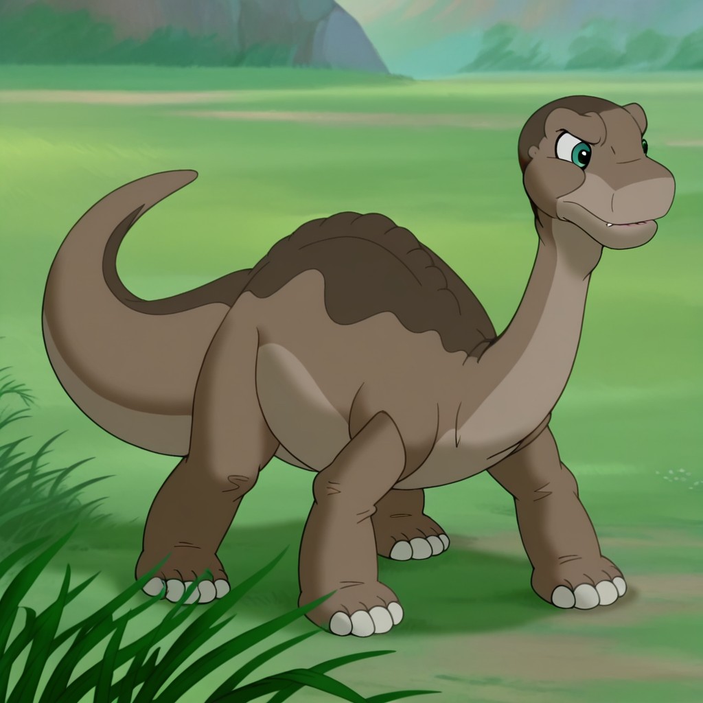 masterpiece, best quality, amazing quality, Rhettlbtil, feral, male, sauropod, long neck, brown skin, green eyes, in a grassy field,  outside, standing, full body, <lora:907b8bed-e7a5-4b03-9b4e-9abd83d73cbc:1.0>