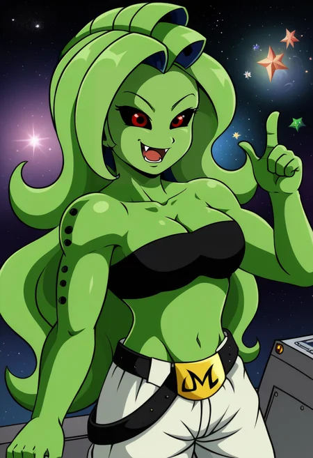 Fmajin,red eyes,black black sclera,green skin,green hair,long hair,
baggypants,belt,black tube top,midriff,cleavage,bare shoulders,M,shoulder holes,
standing,smile,open mouth,fang,
stars,space,milky way,
solo,<lora:FemaleMajin-10XL:0.8>,