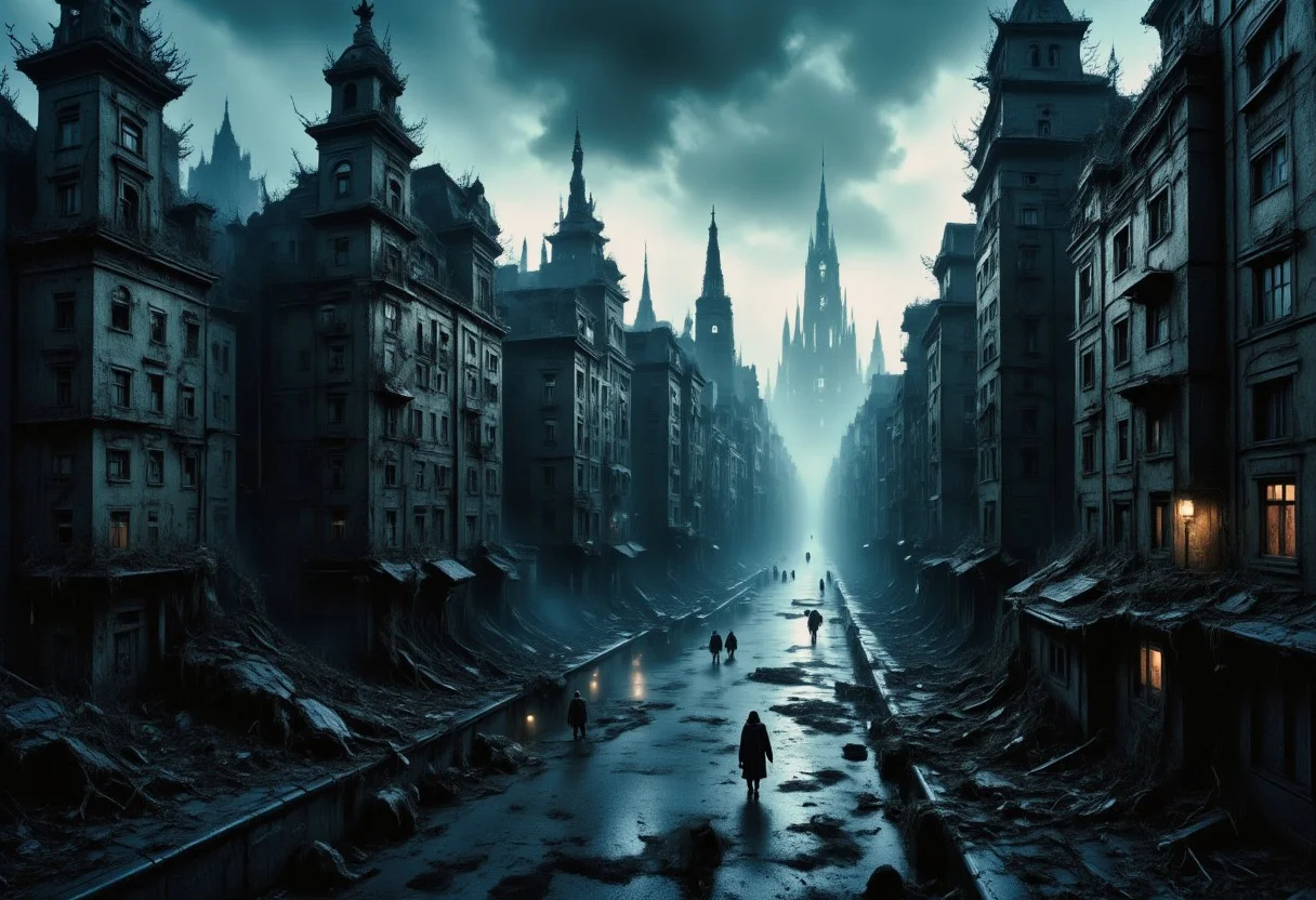 high quality, 8K Ultra HD, a metropolis where elements of nightmarish surrealism converge into a scary, gore, horror scene, Escher's influence is subtly incorporated, transforming the city into an intricate, mind-bending spectacle, Stark contrasts between light and dark enhance the dreamlike quality of the scene, creating an unsettling yet captivating urban horrific dreamscape, photorealistic, ultra realistic,aidmaimageupgrader,in the style of Jed-clrfl,aidmamj6.1