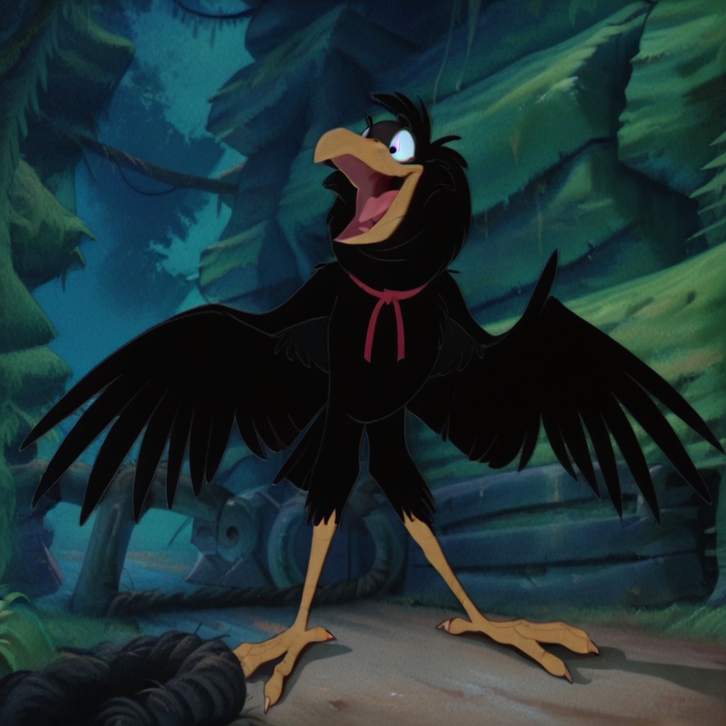 masterpiece, best quality, amazing quality, JeremytsonIL, feral, male, crow, black feather, black eyes, winged arms, talons, red neck ribbon, outside, open mouth,  standing, in forest, <lora:baf9945d-6588-4989-8a23-92f222bc4882:1.0>