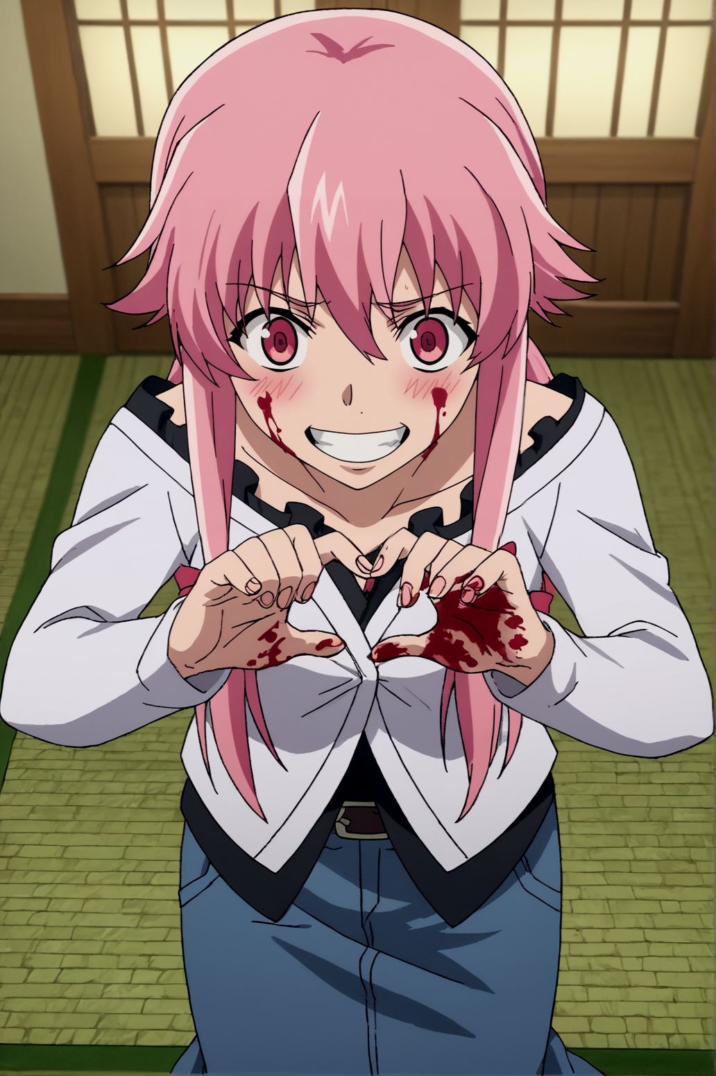 score_9, score_8_up, score_7_up,anime_source, source_anime, best background, detailed background, anime screencap,  Gasai Yuno, temple costume, indoors, blush, dynamic angle, dynamic pose, yandere, scary, grin, naughty face, full body, blood, lick fingers, blood on hand, solo,  <lora:JN_Gasai_Yuno:0.8>