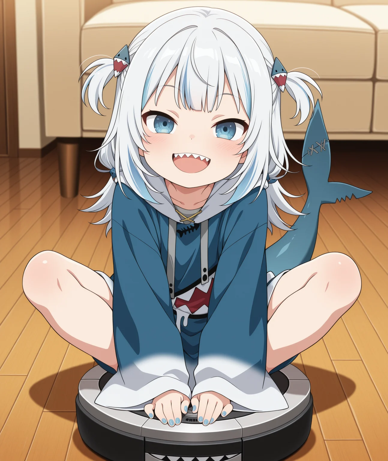 masterpiece, best quality, amazing quality, anime coloring, anime screencap, 1girl, parody, chibi, child, solo, blue hoodie, shark print, shark hair ornament, two side up, wide sleeves, drawstring, grey hair, streaked hair, blue eyes, shark tail, blue nails, looking at viewer, open mouth, smile, sharp teeth, happy, sitting, feet together knees apart, knees up,robotic vacuum cleaner, living room, wooden floor, on floor,  <lora:gura_illus:1>