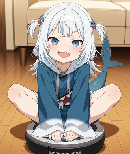 masterpiece, best quality, amazing quality, anime coloring, anime screencap, 1girl, parody, chibi, child, solo, blue hoodie, shark print, shark hair ornament, two side up, wide sleeves, drawstring, grey hair, streaked hair, blue eyes, shark tail, blue nails, looking at viewer, open mouth, smile, sharp teeth, happy, sitting, feet together knees apart, knees up,robotic vacuum cleaner, living room, wooden floor, on floor,  <lora:gura_illus:1>