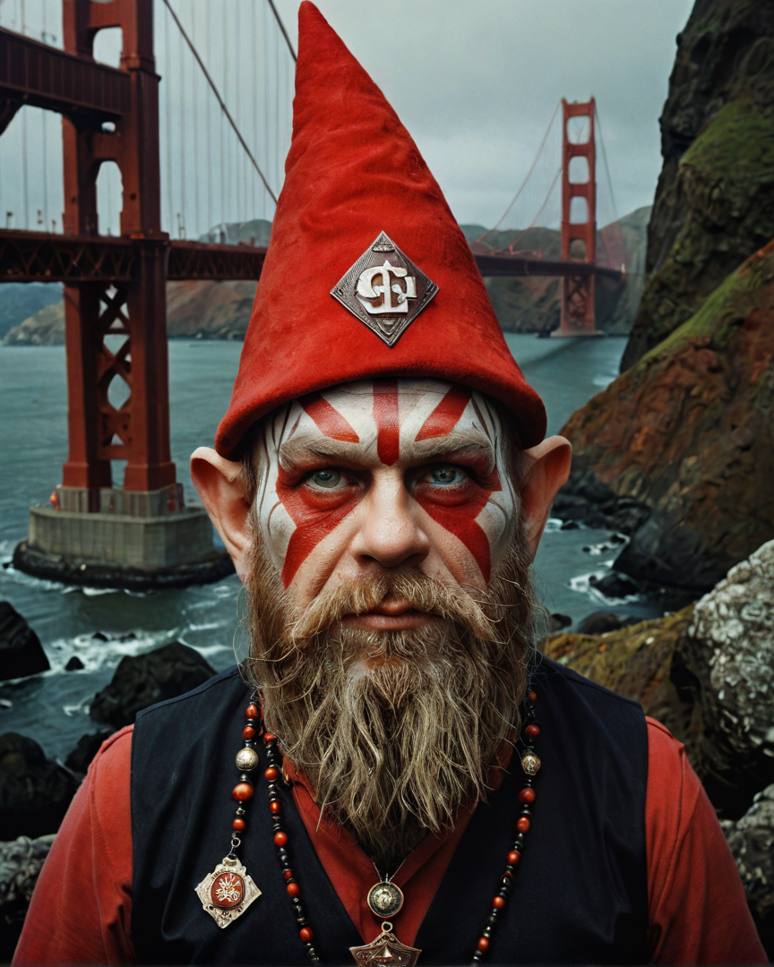 painting, The Golden Gate Bridge full of stout (Male Gnomes:1.1) Arcanist, the Gnome is Award-Winning, furious, Horror, back-light, Autochrome, comic, photorealism, portrait art by Marc Davis <lora:shaman2:1> adrr-shmn, tattoo, colored skin, jewelry, facepaint, badge, warm light, complimentary colors, cinematic, advanced cinematic perfect light