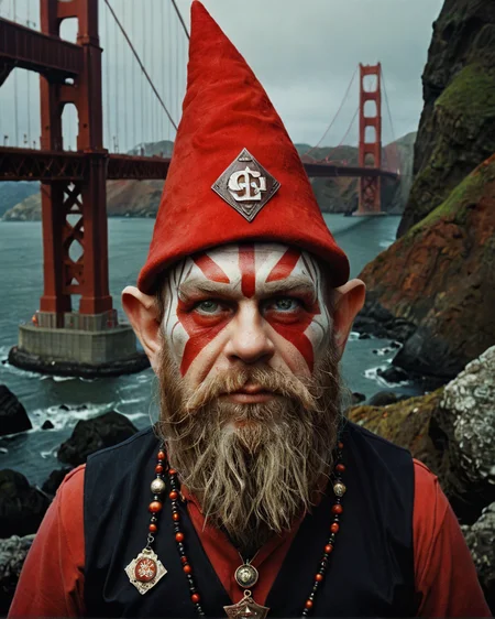 painting, The Golden Gate Bridge full of stout (Male Gnomes:1.1) Arcanist, the Gnome is Award-Winning, furious, Horror, back-light, Autochrome, comic, photorealism, portrait art by Marc Davis <lora:shaman2:1> adrr-shmn, tattoo, colored skin, jewelry, facepaint, badge, warm light, complimentary colors, cinematic, advanced cinematic perfect light