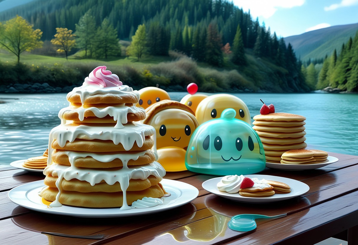 {foodphoto, a stack of pancakes made out of slime, (slime pancakes:1.5), slime syrup, pancakes covered in syrup, a swirl of whipped topping on top of a stack of pancakes, (slime whipped cream:1.5), (tan slime pancakes:1.5), (white slime topping:1.5)}, 
plate made of slime, table made of slime,
natural light, no bright spots, 
((translucent slime)), ((transparent slime)), made of water, (bioluminescent slime), sl1m3d, slime, slime-morph, ais-blmn, saturated colors, no creatures, no humans, no monsters, no pokemon, scenery only, scenery, no slime creatures,