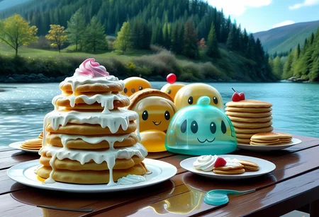 {foodphoto, a stack of pancakes made out of slime, (slime pancakes:1.5), slime syrup, pancakes covered in syrup, a swirl of whipped topping on top of a stack of pancakes, (slime whipped cream:1.5), (tan slime pancakes:1.5), (white slime topping:1.5)}, 
plate made of slime, table made of slime,
natural light, no bright spots, 
((translucent slime)), ((transparent slime)), made of water, (bioluminescent slime), sl1m3d, slime, slime-morph, ais-blmn, saturated colors, no creatures, no humans, no monsters, no pokemon, scenery only, scenery, no slime creatures,