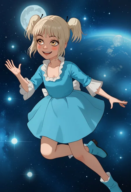 score_7, score_8, score_9, margo, 1girl, yellow eyes, blonde hair, short hair, blue jacket, blue slip microskirt, white collar, twintails, long sleeves, blunt bangs, blush, blush patches, blue footwear, happy smile, hands on waists, bow, space background, stars, sky, dark, night, moon, flying in sky, 