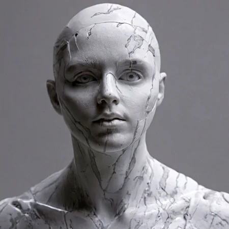 UHD, 4k, ultra detailed, cinematic, a photograph of <lora:perfection style:0.3>
<lora:sculpture v2:0.9>
Marble sculpture statue of a <lora:Westworld style:0.8>
Closeup In the 2050s dystopian science fiction world Android Drone host humanoid creatures a white sculpture face with a white liquid background,solo,looking at viewer,simple background,1boy,closed mouth,monochrome,greyscale,male focus,grey background,scar,realistic,bald , sci-fi, futuristic, movie themed, sharp, detailed, epic cinematic photography, artistic, dramatic light, cinematic color style, Kodak film style, Westworld style, epic, beautiful lighting, inpsiring