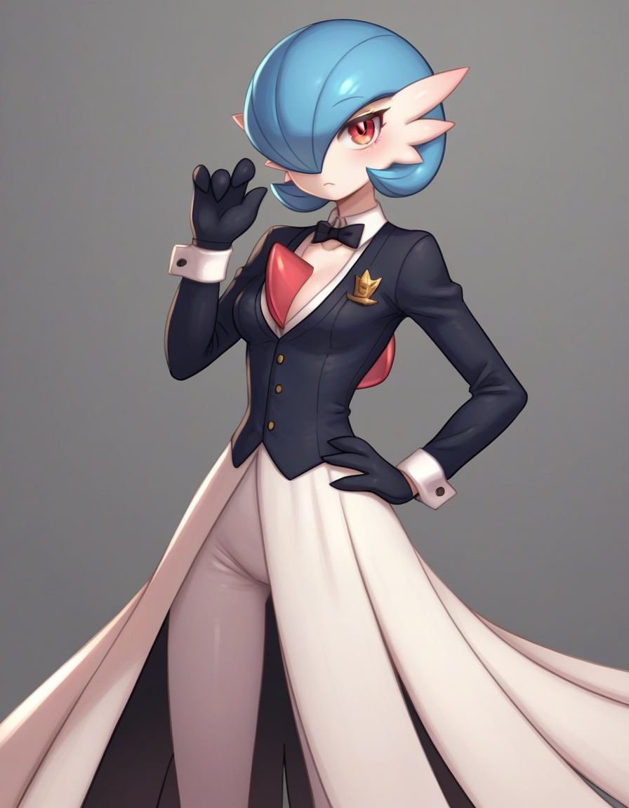 score_9,score_8_up,score_7_up, BREAK  by aaaa \(quad-a\),   1girl, standing,  hand on own hip,  hand up, contrapposto, , dark gray background, simple background, gardevoir, pokemon \(creature\),two-tone_skin,
butler suit ,  gloves, monocle,
