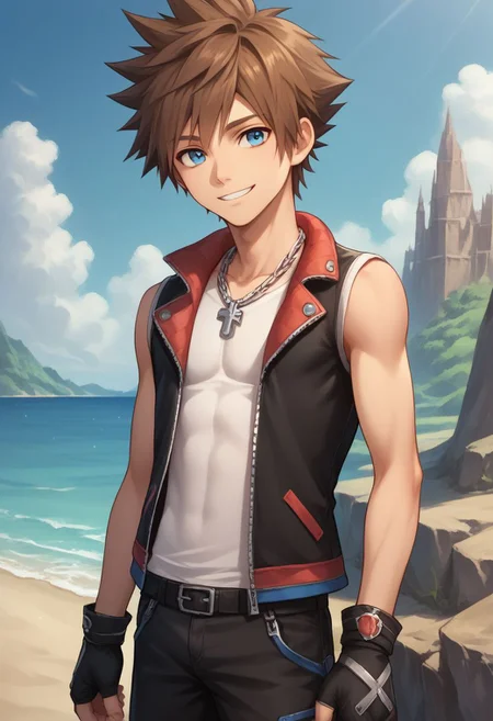 score_9, score_8_up, source_anime, highly detailed, 1boy, solo, male_focus slender, skinny, human child,
sora, spiked hair, male focus, 1boy, brown hair, blue eyes, gloves, jewelry, solo, smile, fingerless gloves, zipper, necklace, upper body,
outdoor, island, beach,