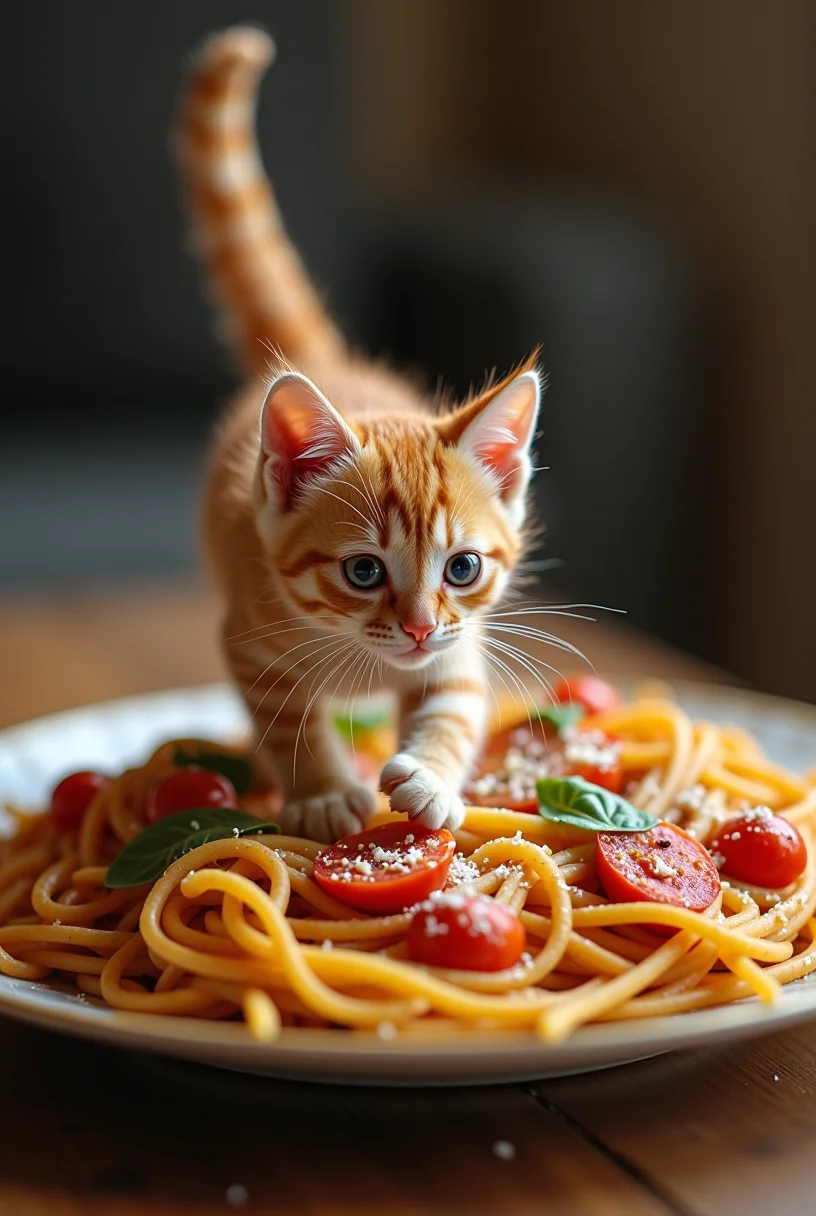 Photorealistic.(very little mini cat:1.05) walking in a huge spaghetti pasta plate with meat