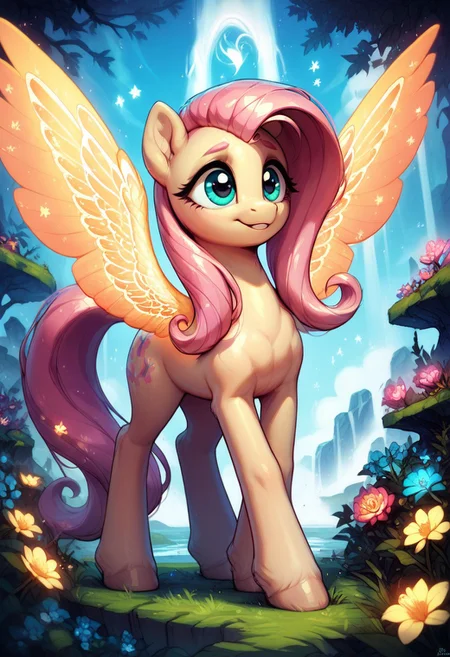 core_9, score_8_up, score_7_up, score_5_up, source_anime, (masterpiece, ultra-detailed, surreal and dreamlike), Fluttershy, pony, surrounded by glowing, ethereal butterflies, transparent and shimmering wings with iridescent colors, her body glowing faintly from within, covered in delicate patterns of bioluminescent veins, flowing pastel-pink hair with streaks of glowing gold, standing on a floating island made of crystal-like flowers, a cascading waterfall of liquid light behind her, the sky filled with swirling galaxies and glowing stars, a sense of calm, awe, and wonder, cinematic lighting, soft glowing mist, vibrant yet harmonious color palette.