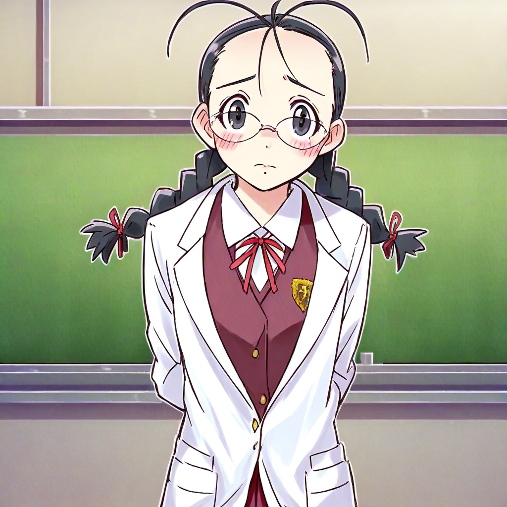score_9, solo, satomi_h, 1girl, black hair, twin braids, glasses, black eyes, antennae hair, school uniform, jacket, skirt, labcoat, arms behind back, blush, shy, looking at viewer, classroom