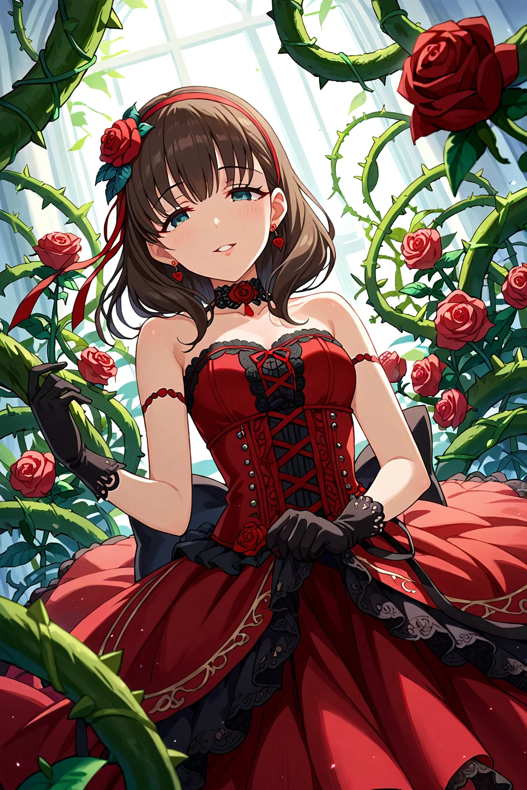 score_9, score_8_up, score_7_up, source_anime,,beautiful color,amazing quality,rating_explicit , intricate details, anime screencap, official style,idolsakuma, 1girl, solo, gloves, dress, hairband, jewelry, flower, thorns, earrings, hair ornament, red dress, hair flower,, looking at viewer, rose, black gloves, ribbon, bare shoulders, frills, choker, red flower, red rose, strapless, red ribbon, vines, parted lips, strapless dress, lace, plant, heart,yandere,dynamic angle,pov,seductive smile,close to viewer<lora:idolsakuma:1>