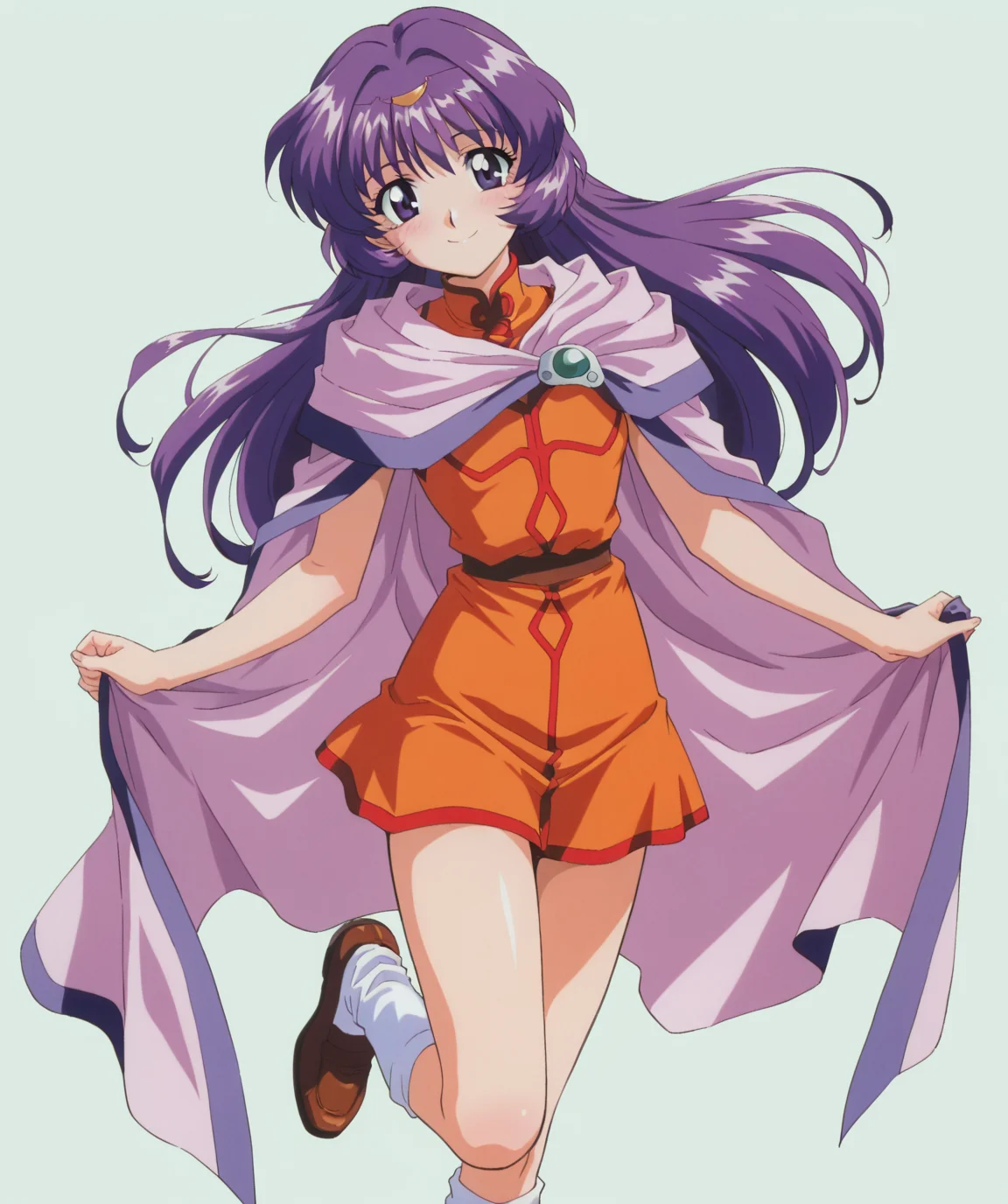 masterpiece, best quality, amazing quality, very aesthetic, ultra detail, clear line, solo, <lora:little_niece_v01:0.8>, little niece, purple eyes, long hair, dark purple hair, hair ornament, orange dress, sleeveless dress, cloak, white socks, shoes, smile, simple background, <lora:LECO_BadHands:1.2>, <lora:LECO_GoodHands:-1.2>