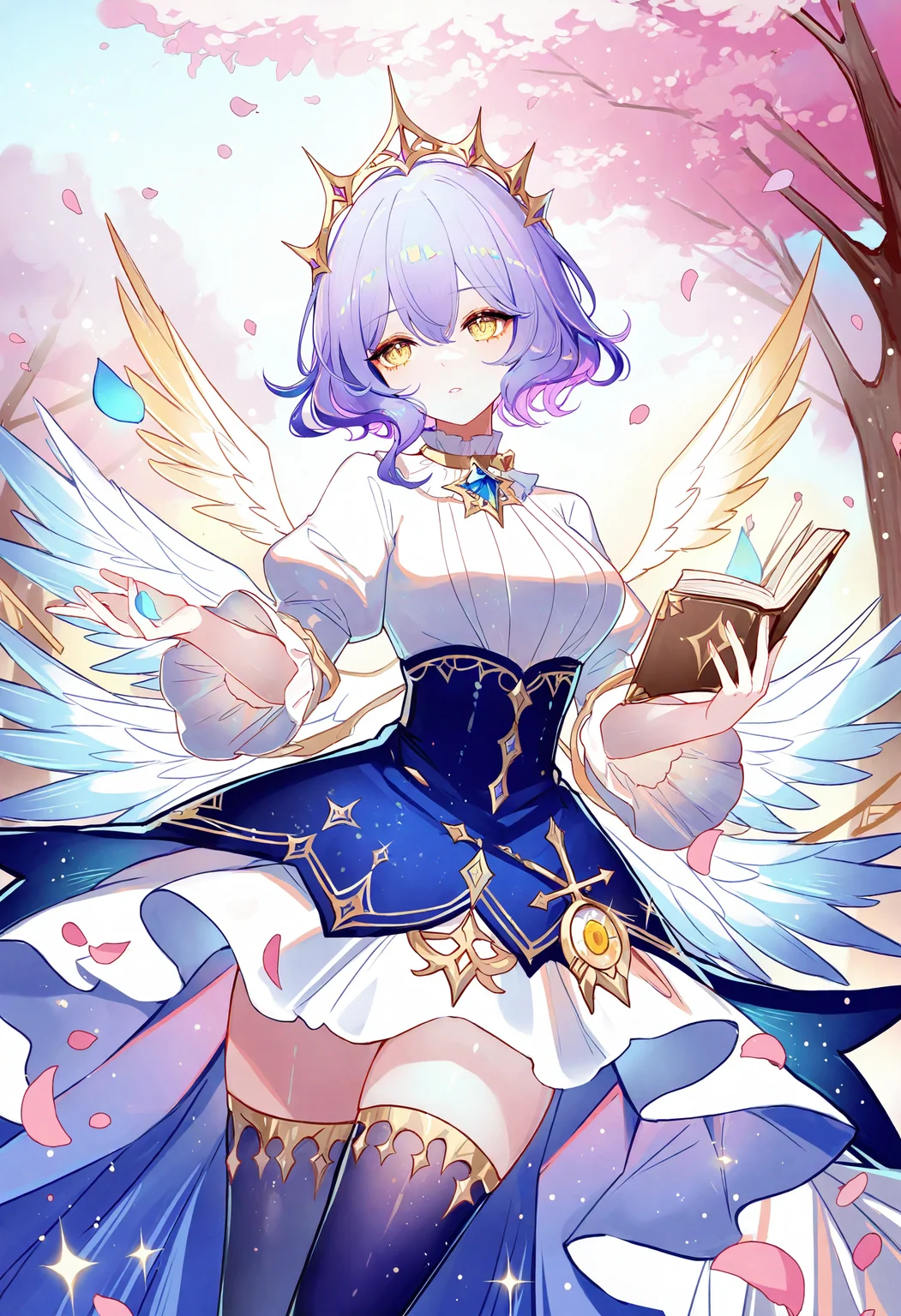 yellow eyes, crown, book, dress, short hair, solo, petals, 1girl, purple hair, blue hair, thighhighs, wings, tree,
masterpiece,best quality,newest,absurdres,highres,very awa,<lora:sheya1_noob1.1-000198:0.8>,