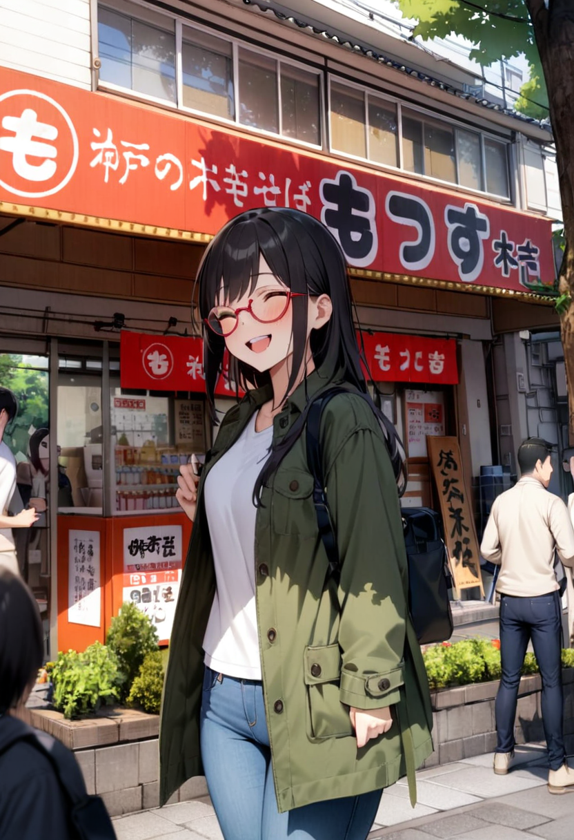 masterpiece, best quality, very aesthetic, absurdres,
1girl, solo, glasses, black hair, long hair, field jacket, jeans, black bag, smile, laughing, looking at viewer, solo focus,
moccos, scenery, storefront, japan, multiple boys, outdoors, real world location, scenery, 6+boys, plant, building, tree
 <lora:moccos_ramen_JAPAN_storefront_SDXL_V2:0.8>