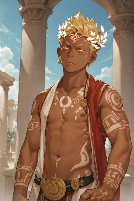 score_9, score_8_up, score_7_up,  1boy,  <lora:Apollo_Mentaiko:0.8>, solo, Apollo, blonde hair, multicolor hair, yellow eyes, blonde eyebrows, [dark skin],  earrings, greek clothes, open clothes, ancient greek clothes, tattoo, laurel crown, glowing eyes, standing, looking at viewer, outdoors, sky, <lora:add-detail-xl:1.2>,  <lora:OtherStyle_01:0.8>