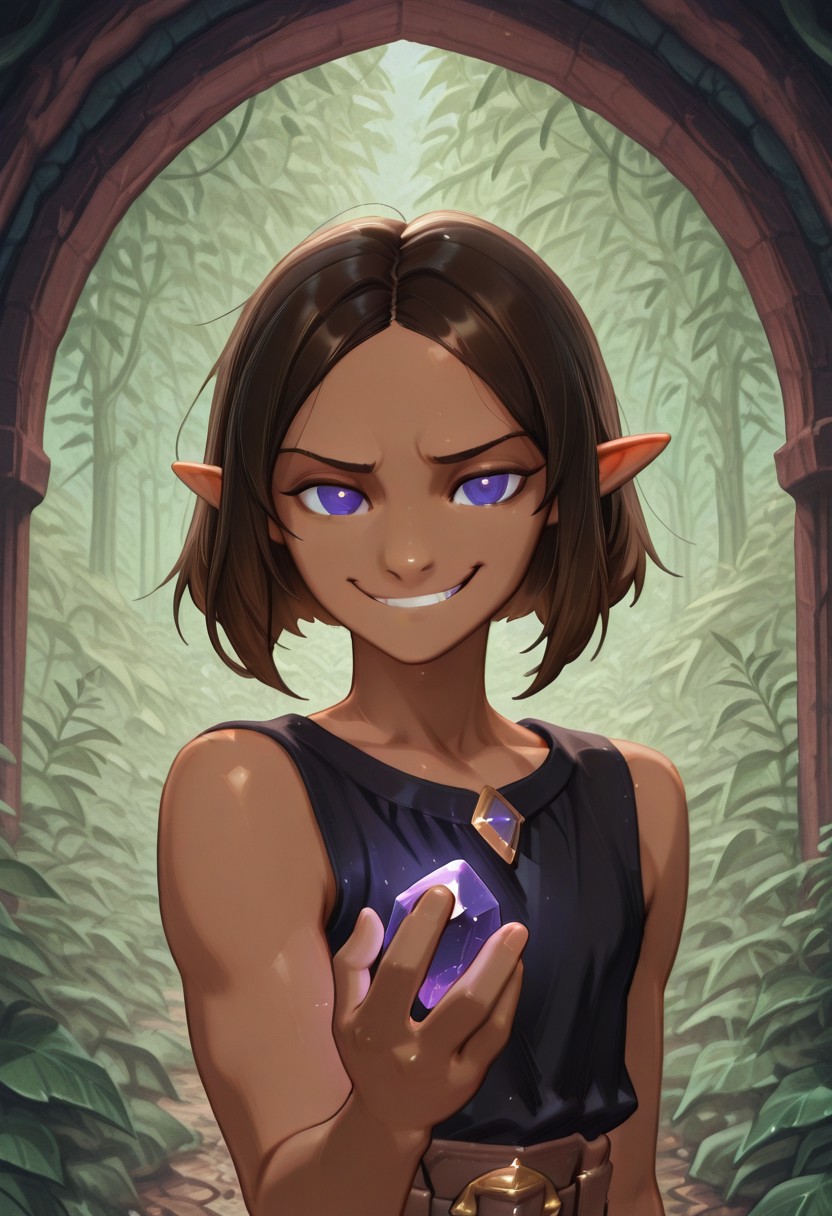 1 Lapanya, solo, Repeta, violet eyes, black sleeveless top,
Grinning, lowered eyebrows, curious expression,
Holding purple gemstone in one hand, 4-sided gemstone, small gemstone,
organic cavern background, 
Medieval style, Smooth colors, detailed eyes, clean lines, high quality, best quality, masterpiece, rating: safe, source: anime,