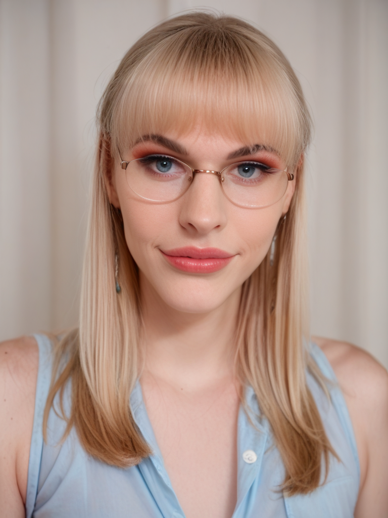 score_9, score_8_up, score_7_up, LiannaL4ws0n, Lianna Lawson, <lora:LiannaL4ws0n-pony:1>,  1girl, makeup, lips, long hair, (glasses), smirk, big lips, lipgloss, (bobbed hair), blonde hair, blue blouse, portrait, solo, looking at viewer, bokeh, focus, film, velvia, artistic, best quality, photograph, focus