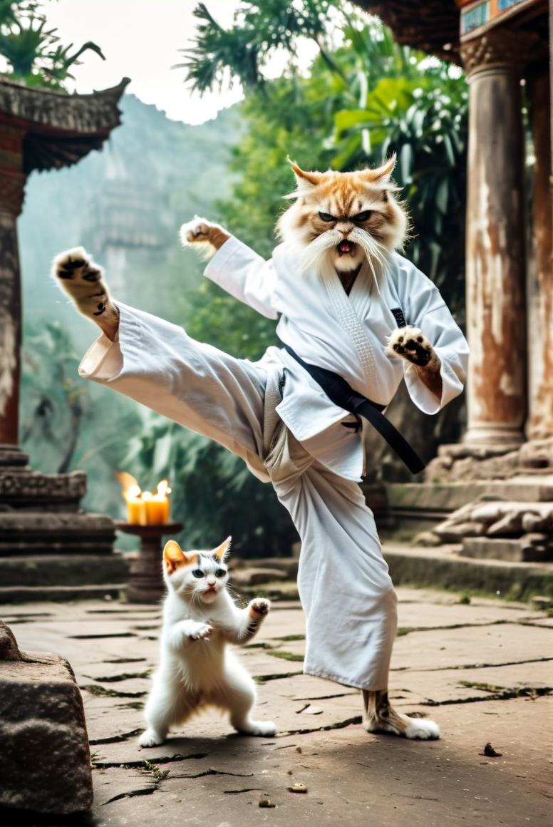 blurred background, realistic, stuning effects, detailed, cinematic, funny face freaky angry old cat with enormous eyes, white beard, showing karate moves to kitten, ancient broken temple with vegetation in it, candles on the ground, <lora:MJ52:0.3>