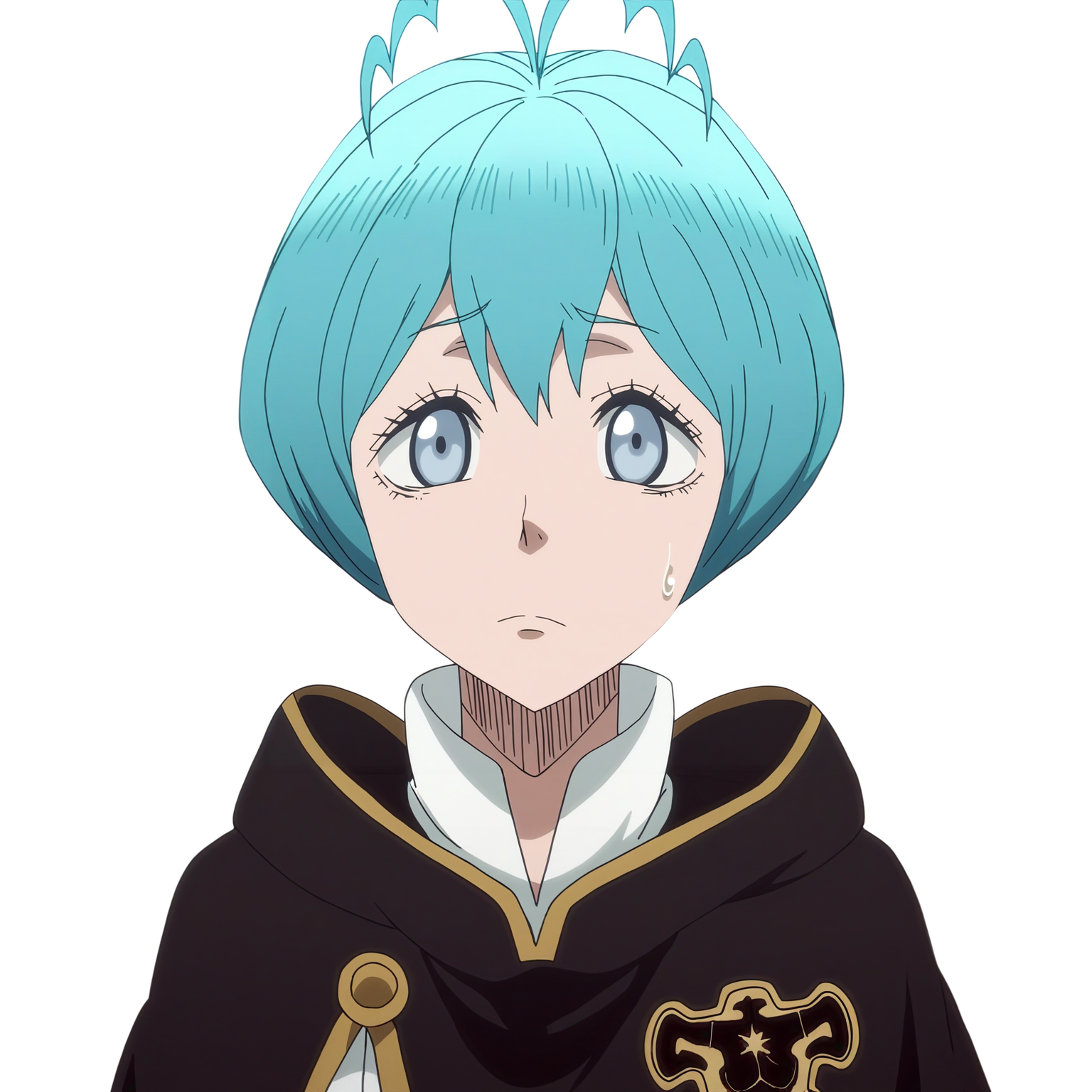 sharp focus, pixiv masterpiece, source_anime, score_9, absurd res, high res, (anime_screencap:1.2)
 <lora:Grey_blackclover_IL_v36-000015:1>, masterpiece, best quality, score_9, grey_bc, 1girl, solo, grey-blue_eyes, cyan_hair, short_hair, antenna_hair, black_capelet, high-waisted_pants,  sleeveless_shirt, portrait, white background, simple background