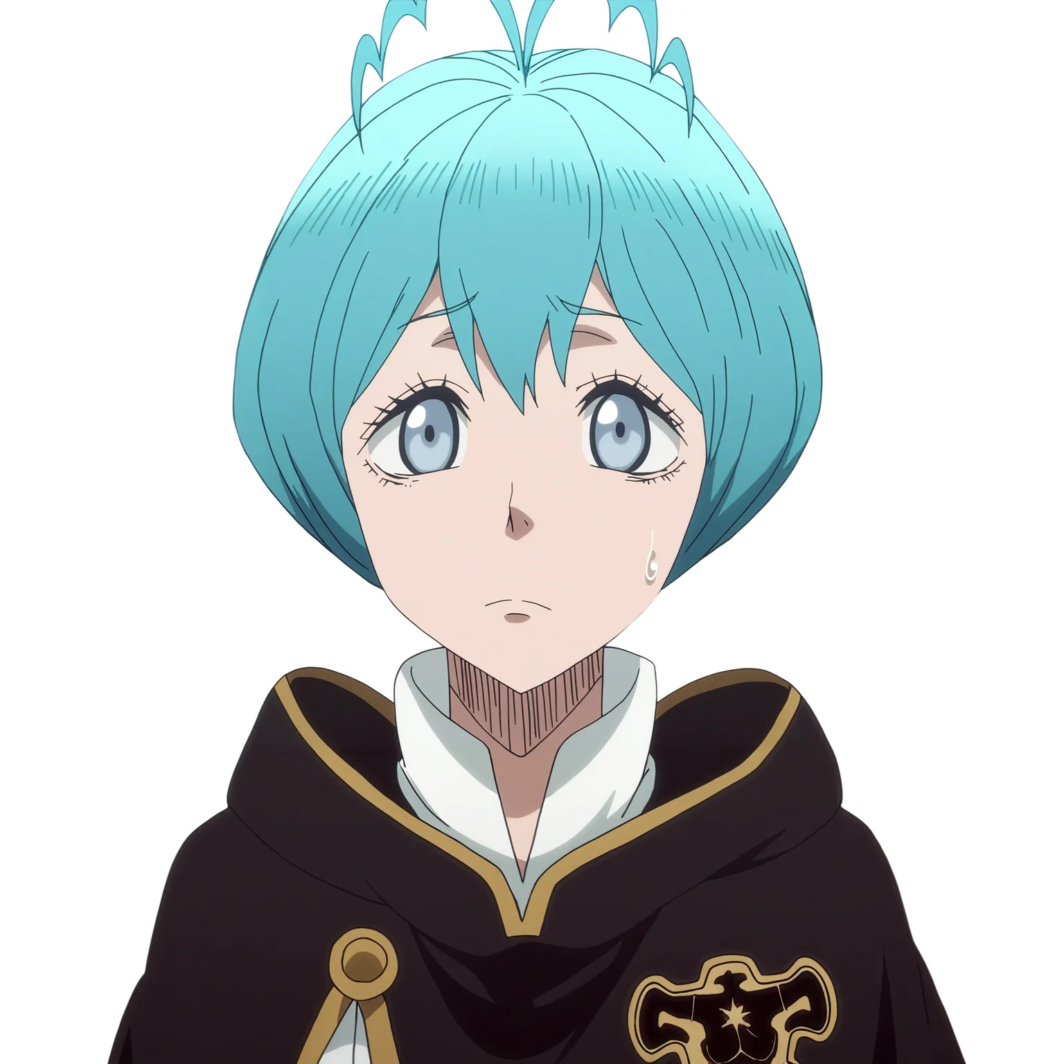 sharp focus, pixiv masterpiece, source_anime, score_9, absurd res, high res, (anime_screencap:1.2)
<lora:Grey_blackclover_IL_v36-000015:1>, masterpiece, best quality, score_9, grey_bc, 1girl, solo, grey-blue_eyes, cyan_hair, short_hair, antenna_hair, black_capelet, high-waisted_pants, sleeveless_shirt, portrait, white background, simple background