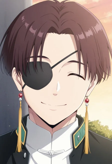 masterpiece,best quality,amazing quality, source_anime,
HayatoSuo, 1boy, male focus, solo, eyepatch, closed eyes, brown hair, jewelry, tassel earrings, school uniform, jacket, black jacket, open jacket, shirt, white shirt, mandarin collar, outdoor, smile, happy, portrait,
