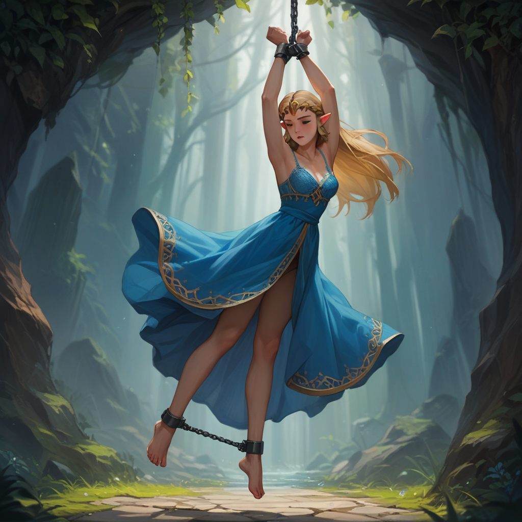 source_anime, colorful, score_9, score_8_up, score_8, (masterpiece), hanging_suspension, BREAK, 1girl, Princess Zelda, blue dress, breasts covered, lace bra, 1woman, bondage, bdsm, suspension, standing, arms_up, cuffs, bound_wrists, upright_restraints, tiptoes, feet_dangling