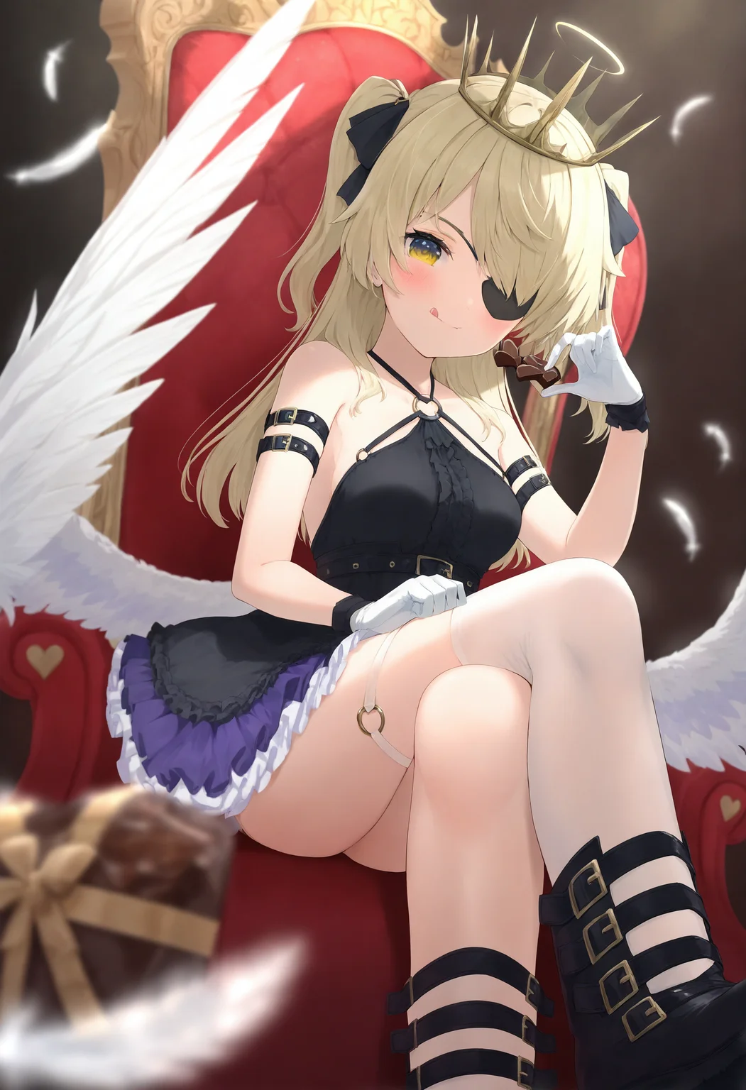 1girl, eyepatch, solo, gloves, dress, wings, white gloves, blonde hair, throne, yellow eyes, o-ring, crossed legs, thighhighs, holding, sitting, looking at viewer, fischl \(genshin impact\), chocolate, tongue, tongue out, black dress, white wings, black footwear, two side up, blurry foreground, halo, long hair, frilled dress, angel wings, one eye covered, box, halterneck, bare shoulders, feathered wings, white thighhighs, boots, arm strap, single thighhigh, blurry, frills, breasts, closed mouth, tiara, crown, alternate costume, sleeveless dress, blush, smile, hair ornament, halter dress, sleeveless, chair, valentine,
masterpiece,best quality,newest,absurdres,highres,very awa,<lora:negi1_noob1.1-000186:0.9>,
