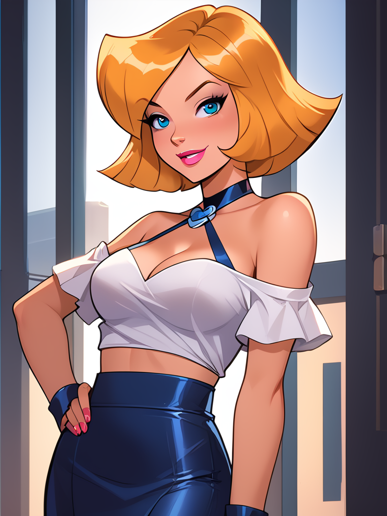 score_6, score_8_up BREAK, masterpiece, perfect face, perfect hands, high quality, (1girl, solo,) lipstick, makeup,  <lora:EnvyPonySeductress01a:1> seductive, cleavage, large breasts, bare shoulders, off-shoulder croptop, bare midriff, micro skirt, <lora:brj-tapedlipsXL-pony-v1:1> clover \(totally spies\), blonde hair, short hair, blue eyes,