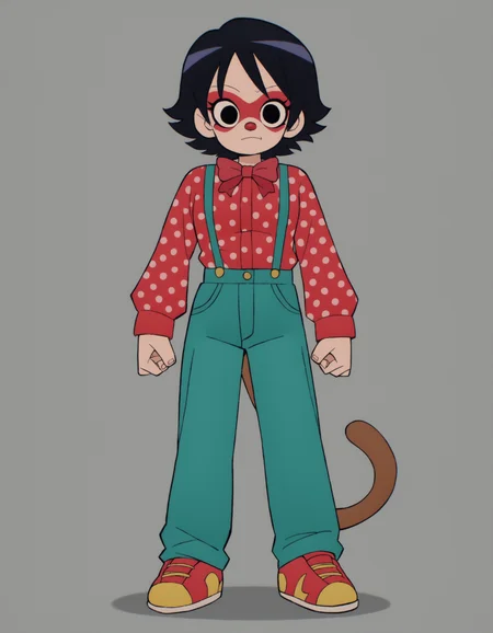 zPDXL, score_9, score_8_up, score_7_up, source_anime,
1girl, solo, <lora:Parsleah_v1:0.8> parsleahbase, black hair, short hair, black eyes, (monkey tail), small breasts, brown tail,, clown, red plastic nose, white face paint, wearing a polka-dotted suspenders over a colorful shirt,patchwork pants,glittery shoes, black hair with a big red nose, rainbow suspenders,oversized bow tie, rainbow face paint , <lora:ScottP-v2-3:0.8> scttp