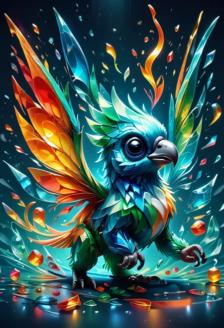 score_9, score_8_up, score_7_up,   <lora:Glass_Shard_Style:1>, glass shard, A Dull Parrot wearing a OR (Crystal Wings;Energy Wings;Fiery Wings;Icy Wings;Liquid Wings;Plant Wings) and a Gloomy cape, surrounded by sparkles.