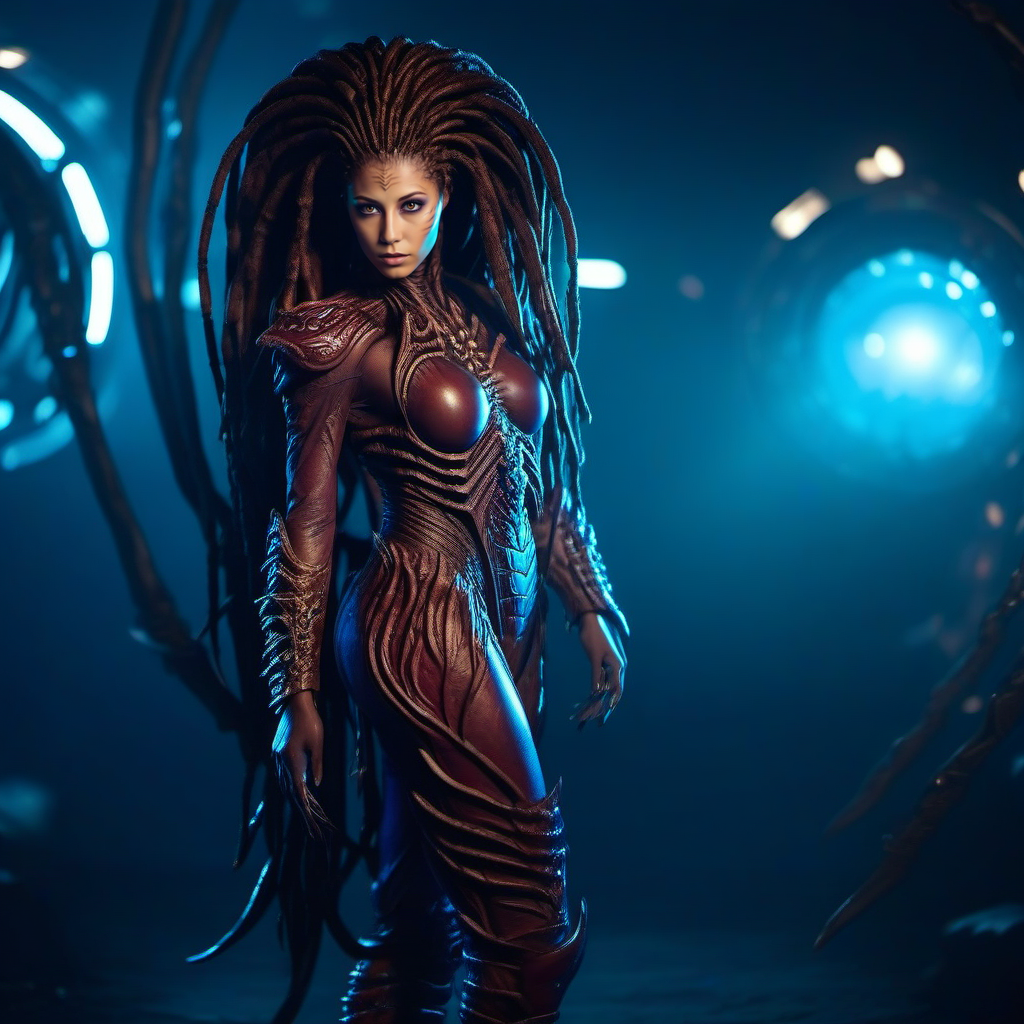 cinematic photo a full body science fiction monster woman, dreadlocks, spaceship<lora:InfestedKerrigan1024:0.8> . 35mm photograph, film, bokeh, professional, 4k, highly detailed