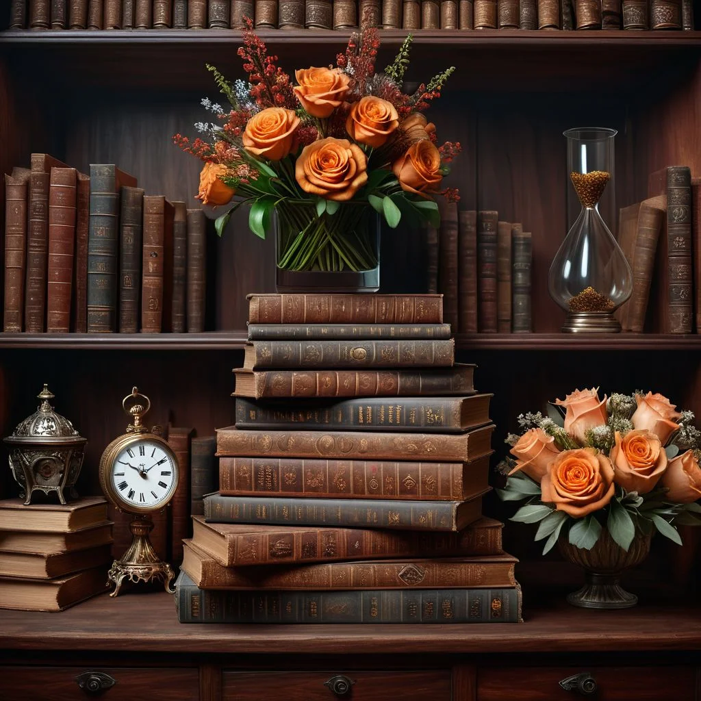 Ultra realistic full body color pencil drawn portrait of
a stack of hardcover antique books with an hour-glass on top of the books, which is half done. Also a bouquet of dried flowers next to the books..
BREAK
Deep dark intense mahogany misty background,
Dark theme, dynamic lighting, (soft shadows), (soft focus), (photo realistic), uhd, 8k