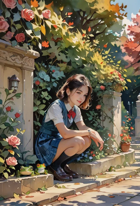 score_9, score_8_up, score_7_up, score_6_up ,(masterpiece, ultra detailed) (intricately detailed comicbook illustration), 
cute girl, garden, roses, autumn trees, stone wall, squatting at wall, school dress, calm, (frog:1.4), shadows,
 <lora:RELSM_v1:0.8>   <lora:Watercolor Anime Style LoRA_Pony XL v6:0.7> watercolor \(medium\), traditional media <lora:invincible_v2:0.7> invncbl