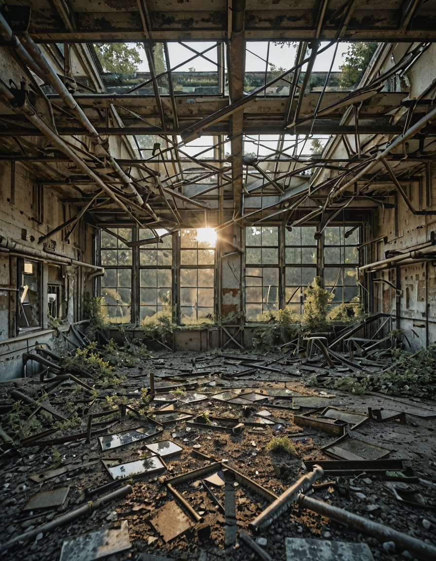<lora:City_Worlds_02_Lost_Indusinc:1> photo, cw02lost, indoors, abandoned, industrial, broken windows, sunlight, overgrown, pipes, decay, rust, dirty glass panels, derelict, nature reclaiming, grunge, shadows, open space, ruin, metal structure, light and texture, forgotten place, ventilation system, mess, desolation, sunset