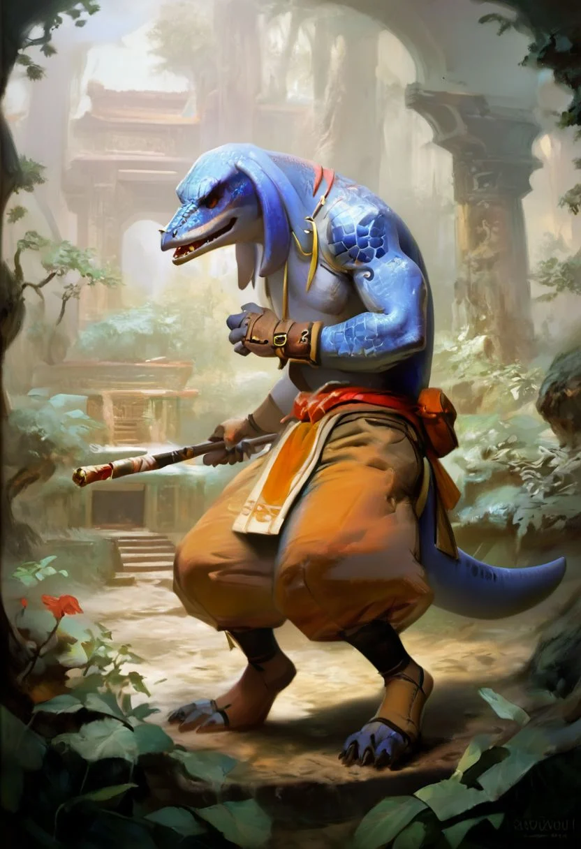 score_9, score_8_up, score_7_up, score_6_up, score_5_up, score_4_up, source_furry, bangaa monk swinging a quarterstaff, blue scaly skin, orange shaolin robes, lush temple background, dynamic action