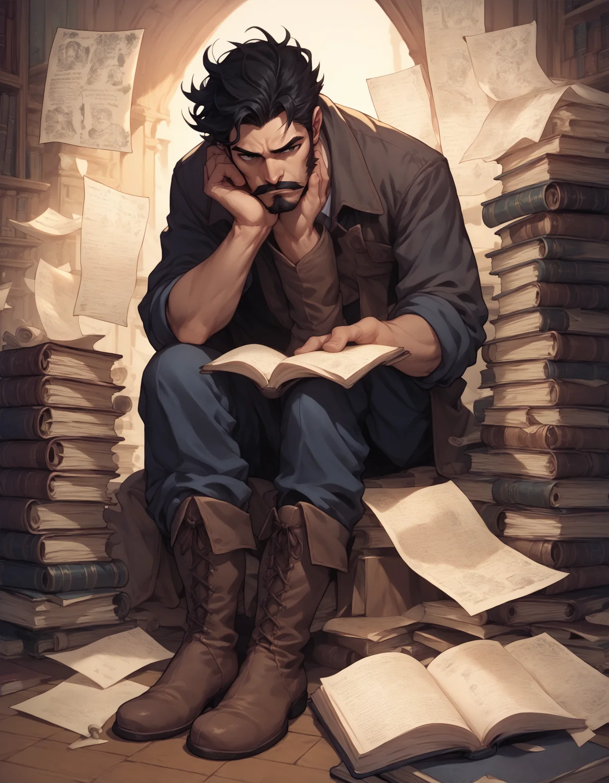 score_9, score_8_up, score_7_up, score_6_up, Comistyle, 1boy, black hair, book, book stack, boots, facial hair, hand on own chin, male focus, mustache, open book, paper, scroll, sitting, solo, <lora:ComicsPonyXL_V2:1>
