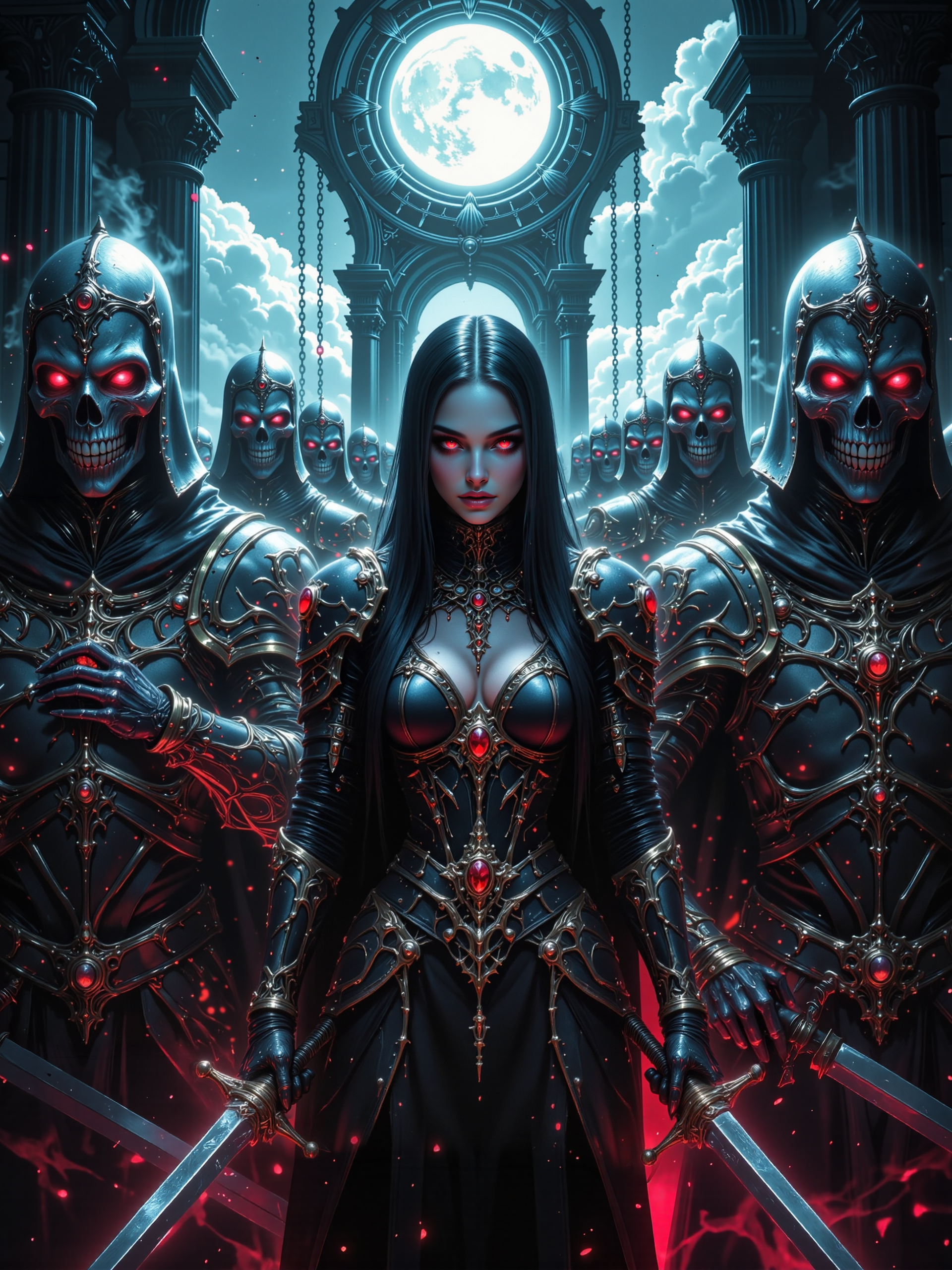 famous artwork, masterwork hyper-realistic dark fantasy image, heavily inspired by gothic and supernatural themes, a stunning female necromancer stands at the center of a grand, darkened scene, her long, flowing black hair catches the faint light as it spills from a cloud-shrouded full moon, her moonlit perfect pale skin contrasts against the dark background and her red eyes gleam with unholy intensity,  projecting an air of danger and supernatural power, in the background, an ancient gothic archway looms high above, with heavy chains dangling into the fog, beyond it the sky swirls with stormy clouds, moonlight piercing through in dramatic shafts, the full moon casts a ghostly illumination across the gathering, enhancing the supernatural tension in the air, the necromancer wears a sumptuous black velvet dress with a plunging neckline and intricate gold and black detailing, her high collar rises sharply, adding an aristocratic air, and her long black gloves extend up her arms like armor, blending elegance with menace, surrounding her are towering skeletal knights clad in heavy ornate armor, their eyes burn with the same red glow as their mistress's, they stand in formation like revenants returned from forgotten wars, weapons at their sides, ready to march, the foreground is dark and mist-laced, the ground beneath them cracked and lifeless, fine textures of bone, velvet, and weathered steel are highlighted by selective lighting that creates stark contrasts between light and shadow, camera angle is frontal and symmetrical, low mid-range, evoking a sense of confrontation and reverence, emphasizing the height and unnatural order of the skeletal legion, and drawing the viewerâs gaze directly to the necromancer's glowing eyes, lighting is gothic and dramatic, a high-contrast mix of cold moonlight and the infernal red glow from undead eyes, with ambient shadows cloaking the edges of the frame, creating a chiaroscuro effect that heightens the eerie grandeur, rendered as a masterwork digital painting with a high aesthetic finish, painterly textures, baroque-inspired clothing design, atmospheric effects such as mist and moonlit fog, ovg, evil-lyn, hkdeath, <lora:evil-lyn-masters_of_the_universe-flux-by_cthulhu11:0.88> <lora:living_death-flux-by_hailoknight:0.76>