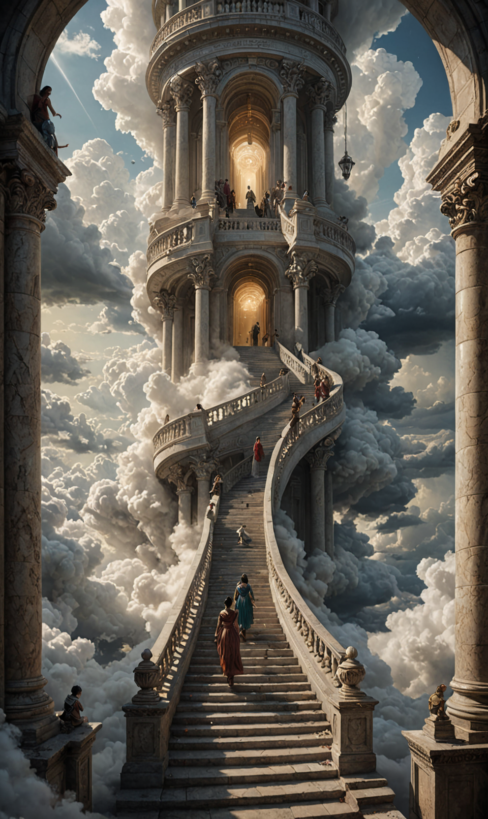 A surreal depiction of the quest for equality, represented by a vast, ((endless staircase winding through the clouds)), with diverse people climbing together toward a shining, elusive doorway at the top. The scene blends elements of fantasy and reality, with barriers along the path symbolizing various social obstacles. The mood is hopeful yet challenging, with ethereal lighting and symbolic motifs scattered throughout.  <lora:add-detail-xl:1>
