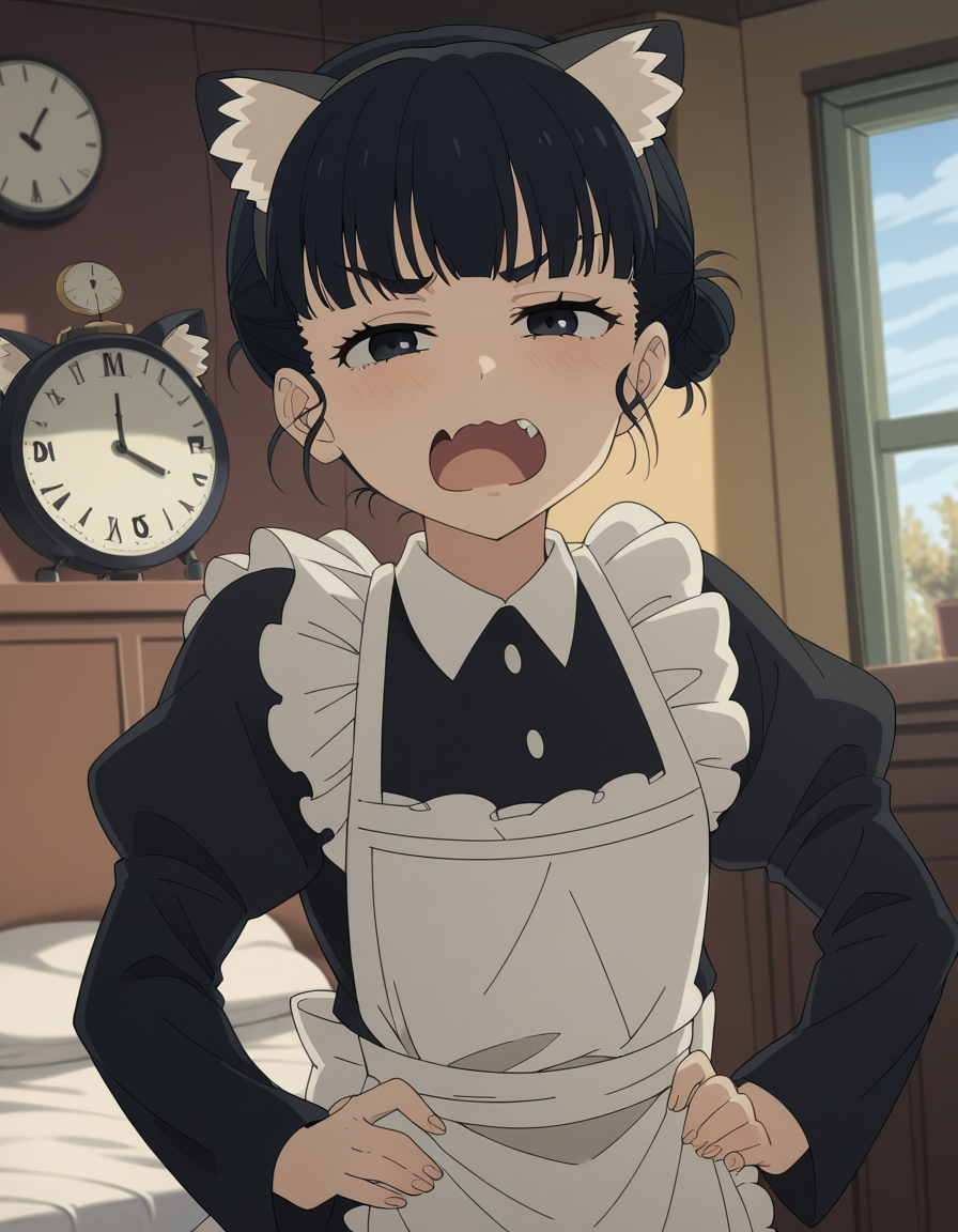score_9, score_8_up, score_7_up, source_anime, <lora:tiara-basori-s1-ponyxl-lora-nochekaiser:1>, tiara basori, bangs, black hair, hair bun, black eyes, single hair bun,, skirt, long sleeves, animal ears, puffy sleeves, cat ears, apron, black dress, maid, fake animal ears, juliet sleeves, maid apron, bedroom, alarm clock, morning routine, yawning, stretching, on bed,, , looking at viewer, smug, hands on hips,, solo,, cowboy shot, dutch angle